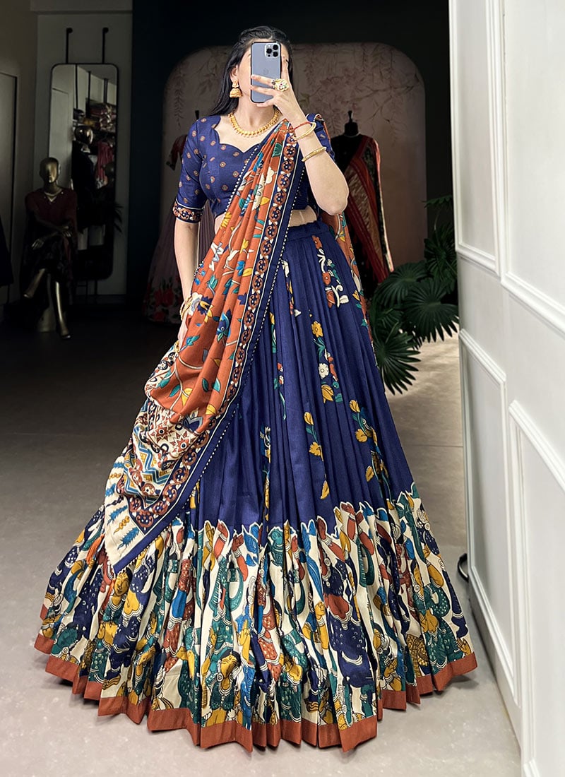 Navy Blue Tussar Silk Kalamkari Print Lehenga