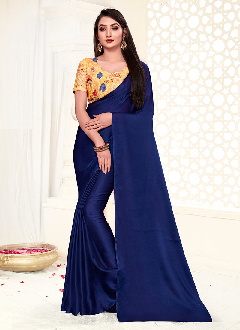 navy blue plain silk saree