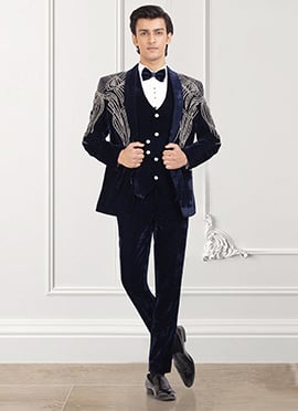Navy Blue Velvet Beads And Stone Hand Embroidered Suit