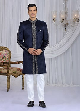 Navy Blue Velvet Beads Sequins Hand Embroidered Cutdana Indowestern Sherwani Wedding Wear