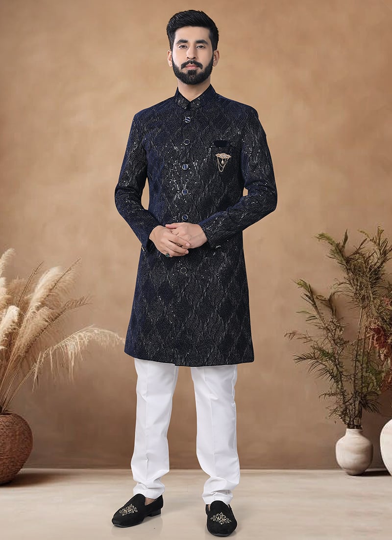 Navy Blue Velvet Embroidered And Sequins Thread Classic Sherwani Wedding Wear