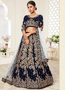 Navy Blue Velvet Embroidered N Sequins Work Wedding Umbrella Lehenga