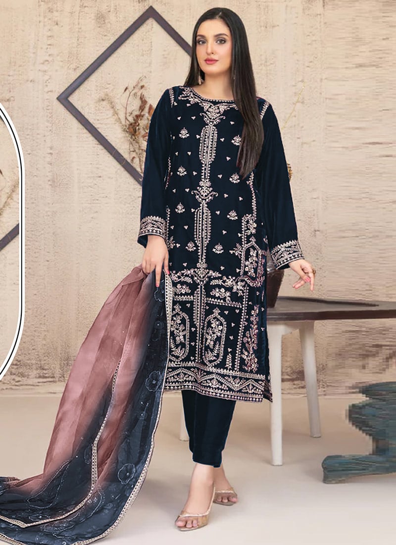 Navy Blue Velvet Embroidered Sequins Pakistani Straight Pant Suit Festive Wear