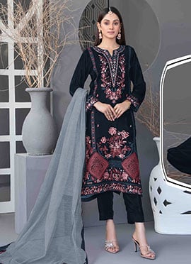 Navy Blue Velvet Embroidered Sequins Pakistani Straight Pant Suit