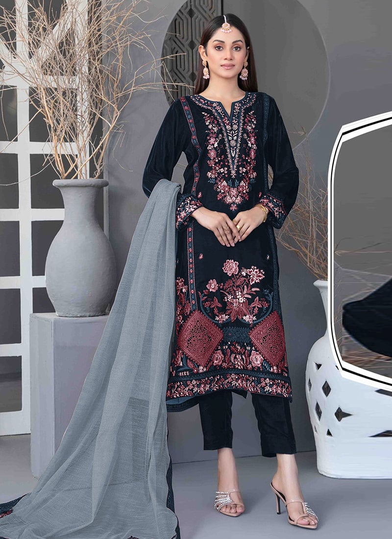 Navy Blue Velvet Embroidered Sequins Pakistani Straight Pant Suit Festive Wear