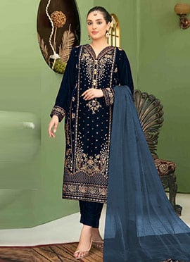 Navy Blue Velvet Embroidered Sequins Pakistani Straight Pant Suit