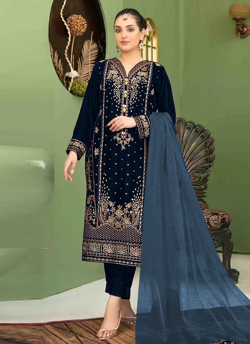 Navy Blue Velvet Embroidered Sequins Pakistani Straight Pant Suit Festive Wear
