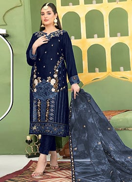Navy Blue Velvet Embroidered Sequins Pakistani Straight Pant Suit