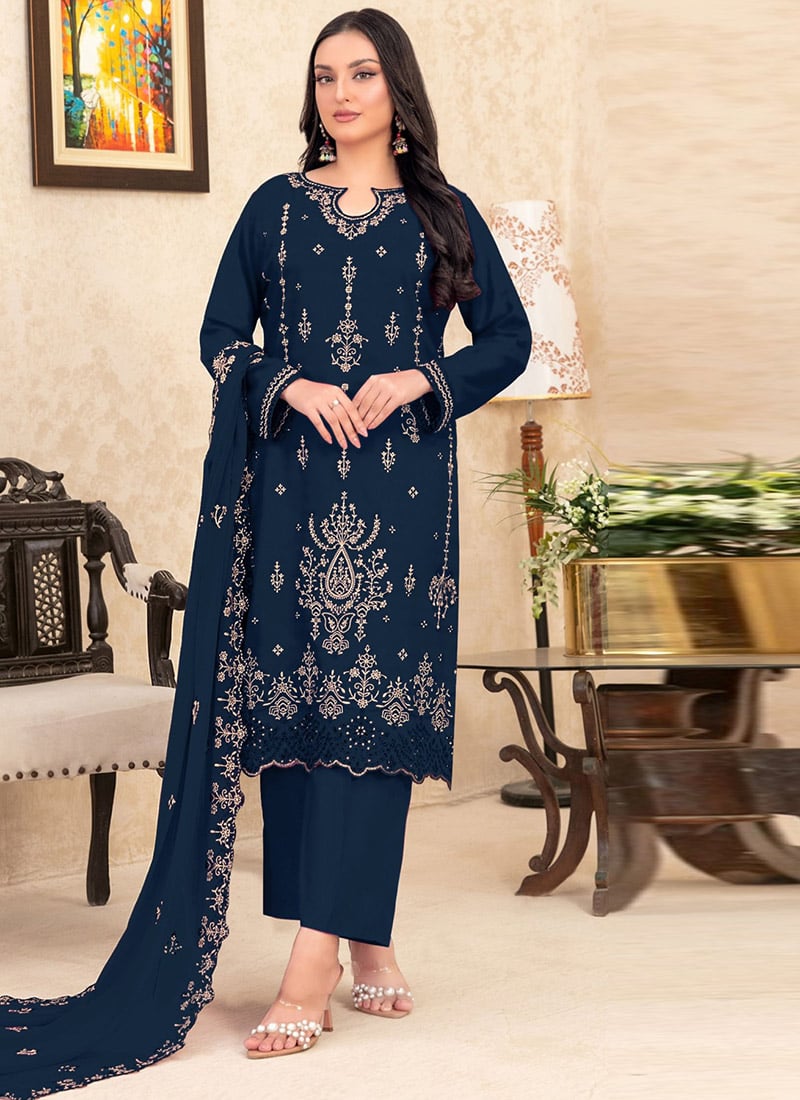 Navy Blue Velvet Embroidered Sequins Pakistani Straight Pant Suit Festive Wear