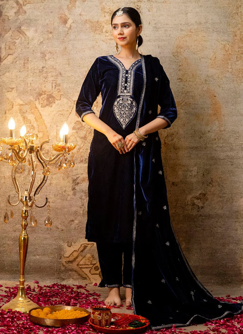 Navy Blue Velvet Embroidered Sequins Straight Pant Suit Festive Wear