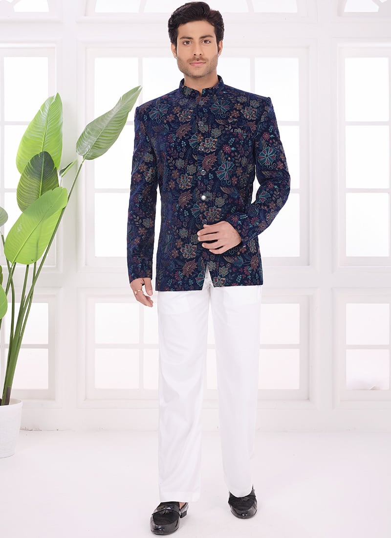 Navy Blue Velvet Embroidered Sequins Thread Bandhgala Jacket