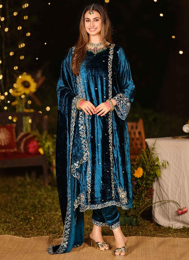 Navy Blue Velvet Embroidered Sequins Zardosi Beads Straight Pant Suit Festive Wear
