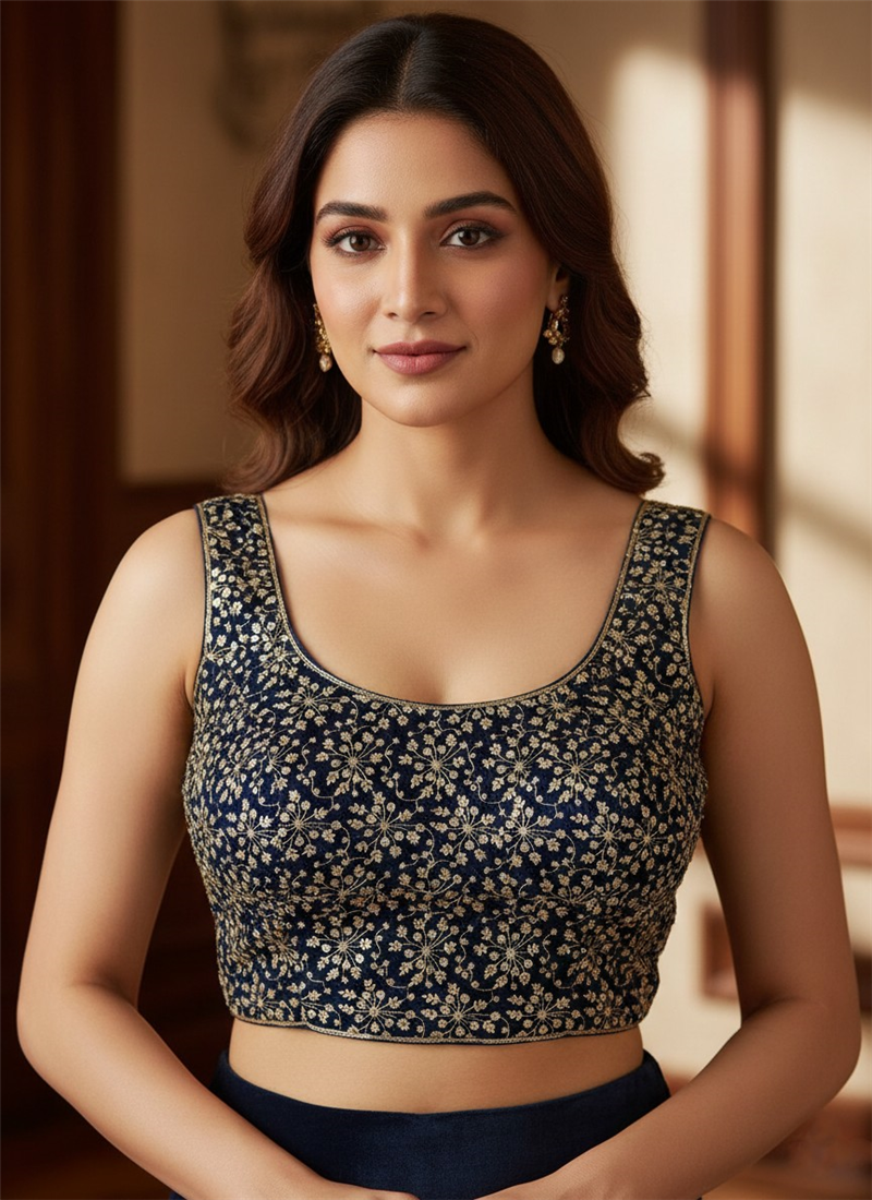 Navy Blue Velvet Floral Luxe Blouse Festive Wear