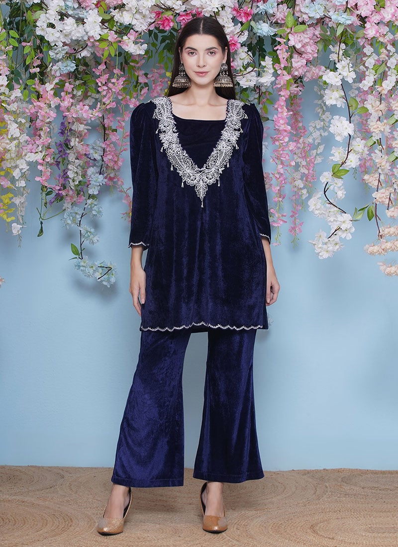 Navy Blue Velvet Hand Embroidered  Indowestern Jacket Co ord Set