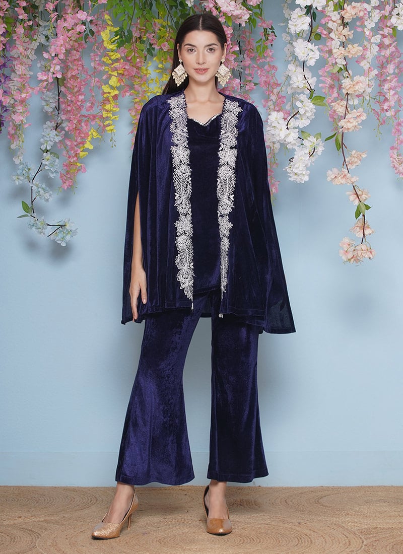 Navy Blue Velvet Hand Embroidered Indowestern Jacket Co ord Set