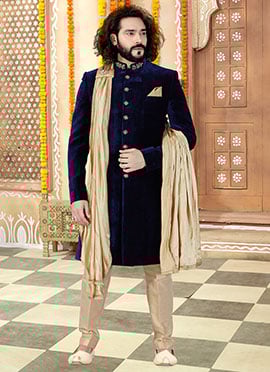 Navy Blue Velvet Indowestern Sherwani