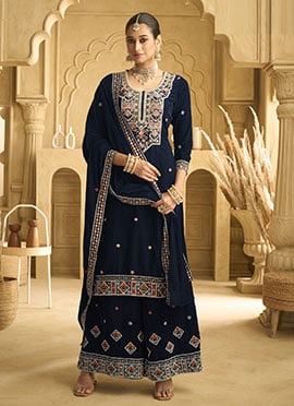 Navy Blue Velvet Palazzo Suit With Sequins Embroidery And Beads Work
