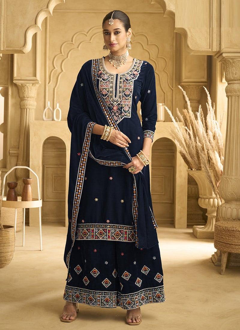 Navy Blue Velvet Palazzo Suit With Sequins Embroidery And Beads Work Festive Wear