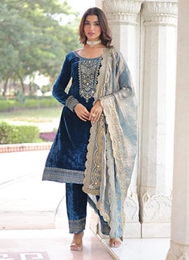 Navy Blue Velvet Sequins Embroidered Straight Pant Suit