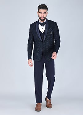Navy Blue Velvet Sequins Embroidered Tuxedo Suit