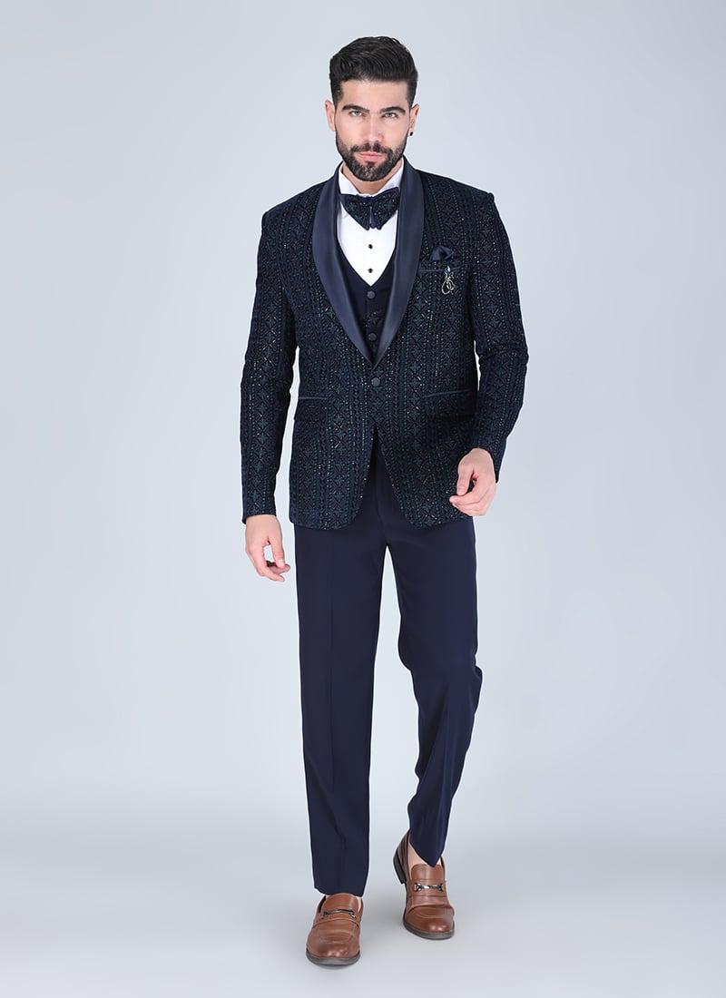 Navy Blue Velvet Sequins Embroidered Tuxedo Suit Wedding Wear