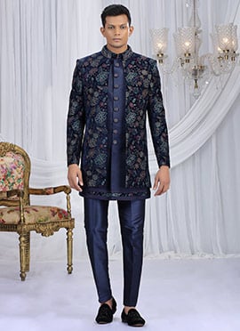 Navy Blue Velvet Silk Embroidered Sequins Zari Indowestern Sherwani