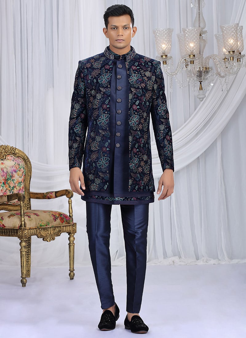 Navy Blue Velvet Silk Embroidered Sequins Zari Indowestern Sherwani Wedding Wear