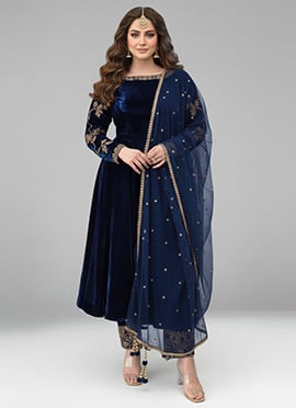 Navy Blue Velvet Zari Sequins Anarkali Suit