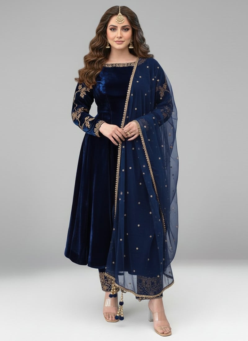 Navy Blue Velvet Zari Sequins Anarkali Suit Festive Wear