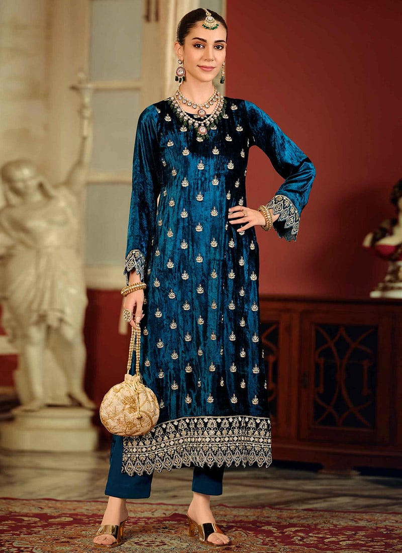 Navy Blue Velvet Zari Stone And Beads Work Straight Pant Suit Festive Wear