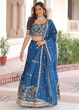 Navy Blue Vichitra Silk Embroidered Lehenga Set