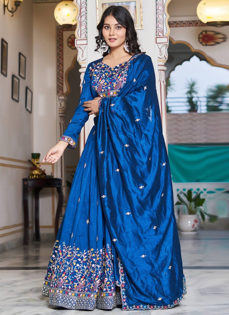 Navy Blue Vichitra Silk Embroidered Sequins A Line Lehenga Wedding Wear