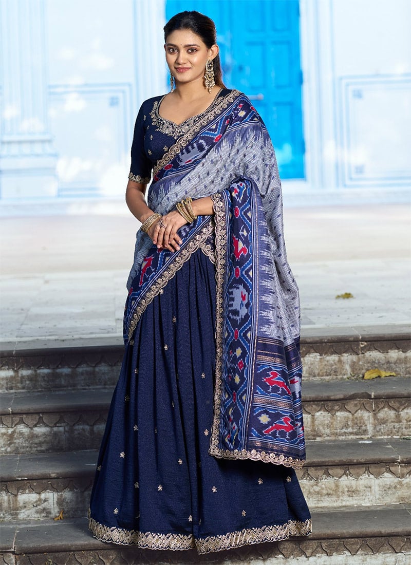 Navy Blue Vichitra Silk Embroidered Sequins Lehenga Festive Wear