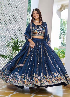 Navy Blue Vichitra Silk Embroidered Sequins Thread Umbrella Lehenga