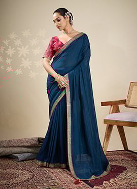 Navy Blue Vichitra Silk Embroidered Zari Saree Festive Wear