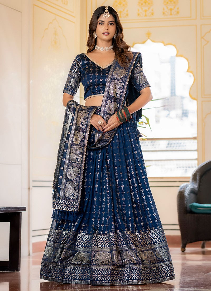 Navy Blue Vichitra Silk Foil Print Lehenga Wedding Wear