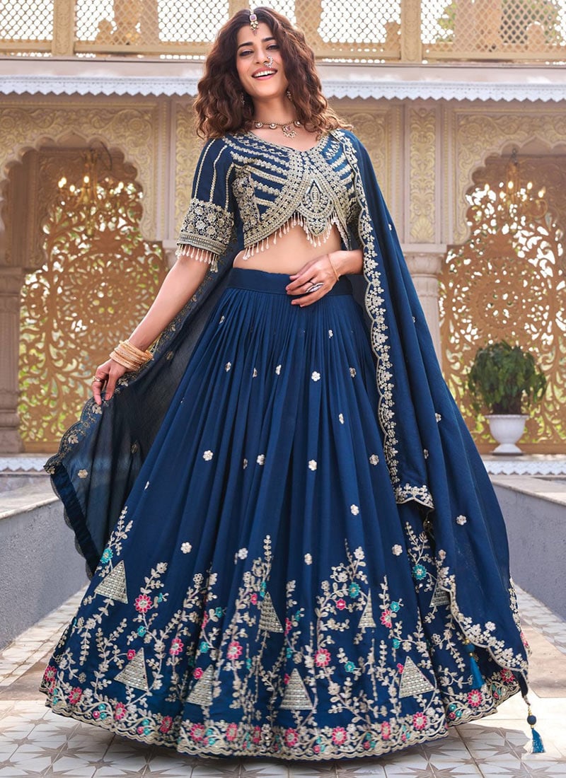 Navy Blue Vichitra Silk Sequins And Coding Thread Umbrella Lehenga Wedding Wear