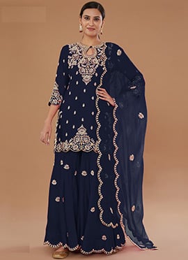 Navy Blue Vichitra Silk Zari And Embroidered Sequins Palazzo Suit