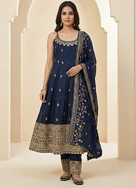 Navy Blue Vichitra Silk Zari Embroidered Sequins Anarkali Suit