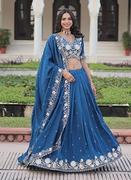 Navy Blue Vichitra Silk Zari Sequins Lehenga