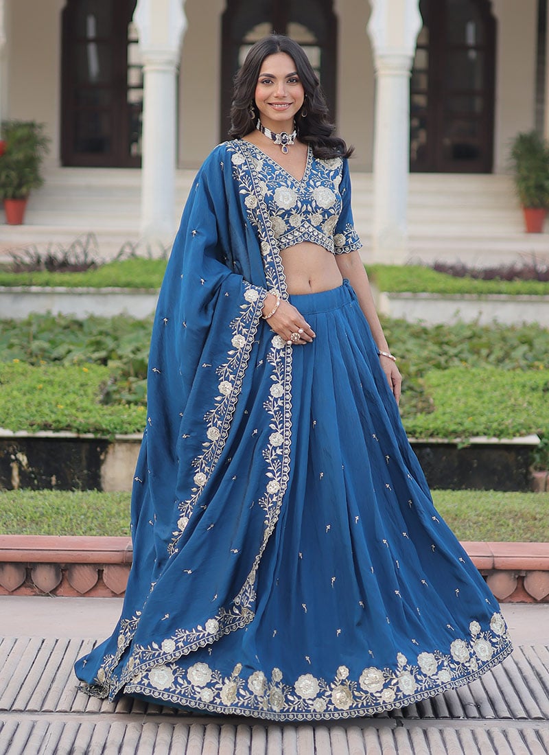 Navy Blue Vichitra Silk Zari Sequins Lehenga Festive Wear