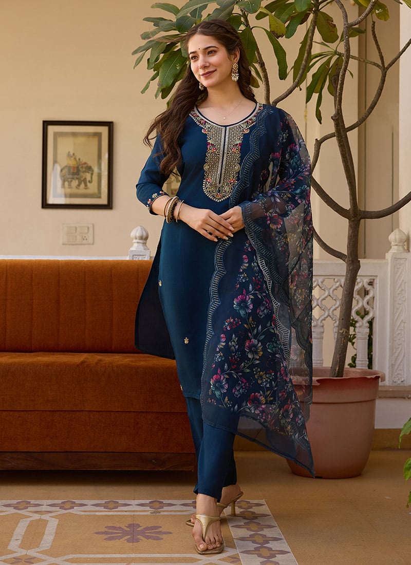 Navy Blue Viscose Chanderi Embroidered Beads Printed Straight Pant Suit After Six Wear