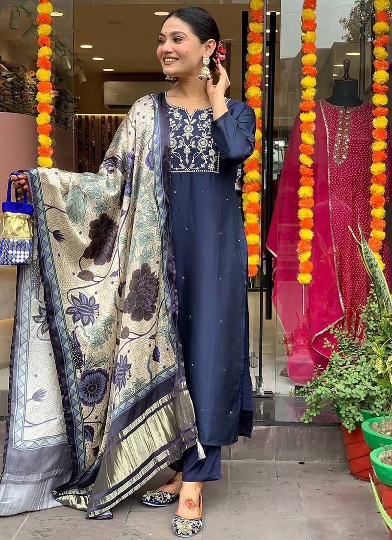 Navy Blue Viscose Chanderi Embroidered Printed Straight Pant Suit After Six Wear
