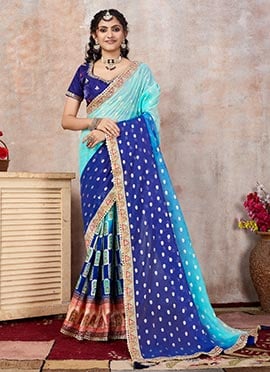 Navy Blue Viscose Chanderi Embroidered Saree