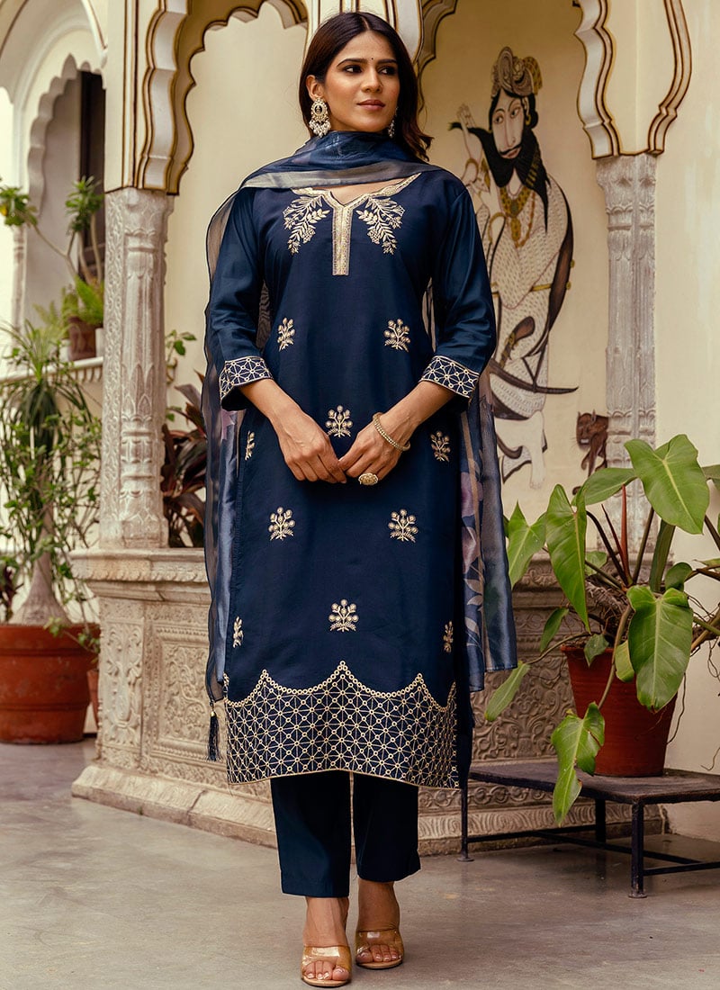 Navy Blue Viscose Chanderi Embroidery Work With Printed Dupatta Straight Pant Set Festive Wear