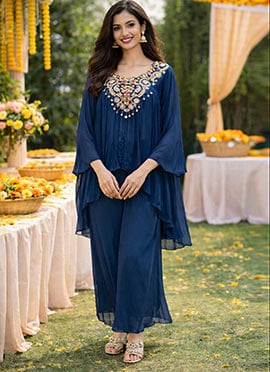 Navy Blue Viscose Chinon Hand Embroidered Indowestern Sets and Suits