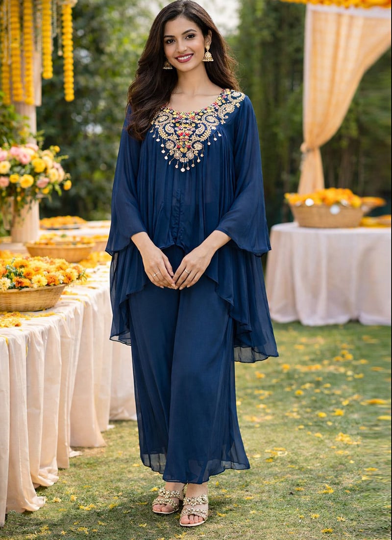 Navy Blue Viscose Chinon Hand Embroidered Indowestern Sets and Suits After Six Wear