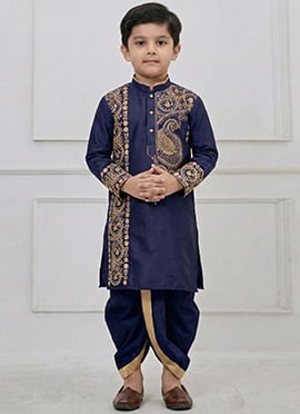Navy Blue Viscose Embroidered Kids Boys Dhoti Kurta Pyjama