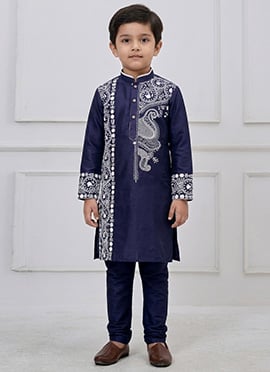 Navy Blue Viscose Embroidered Kids Boys Kurta Pyjama