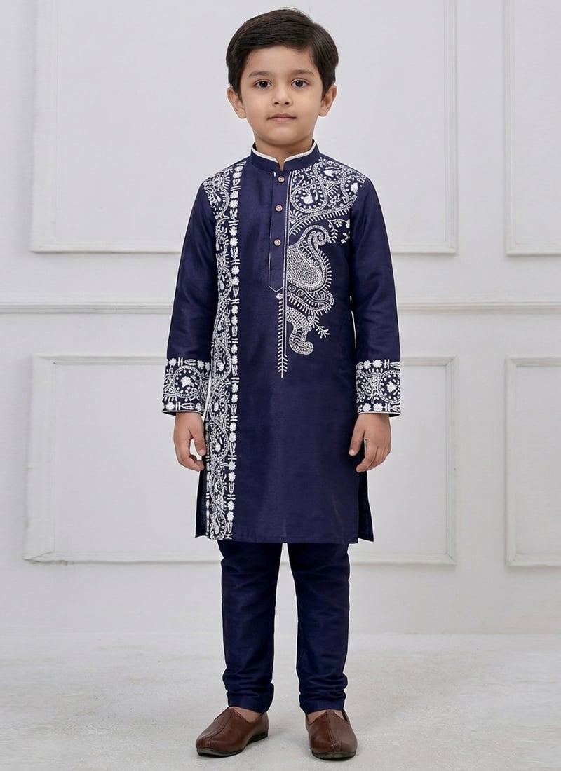 Navy Blue Viscose Embroidered Kids Boys Kurta Pyjama Festive Wear